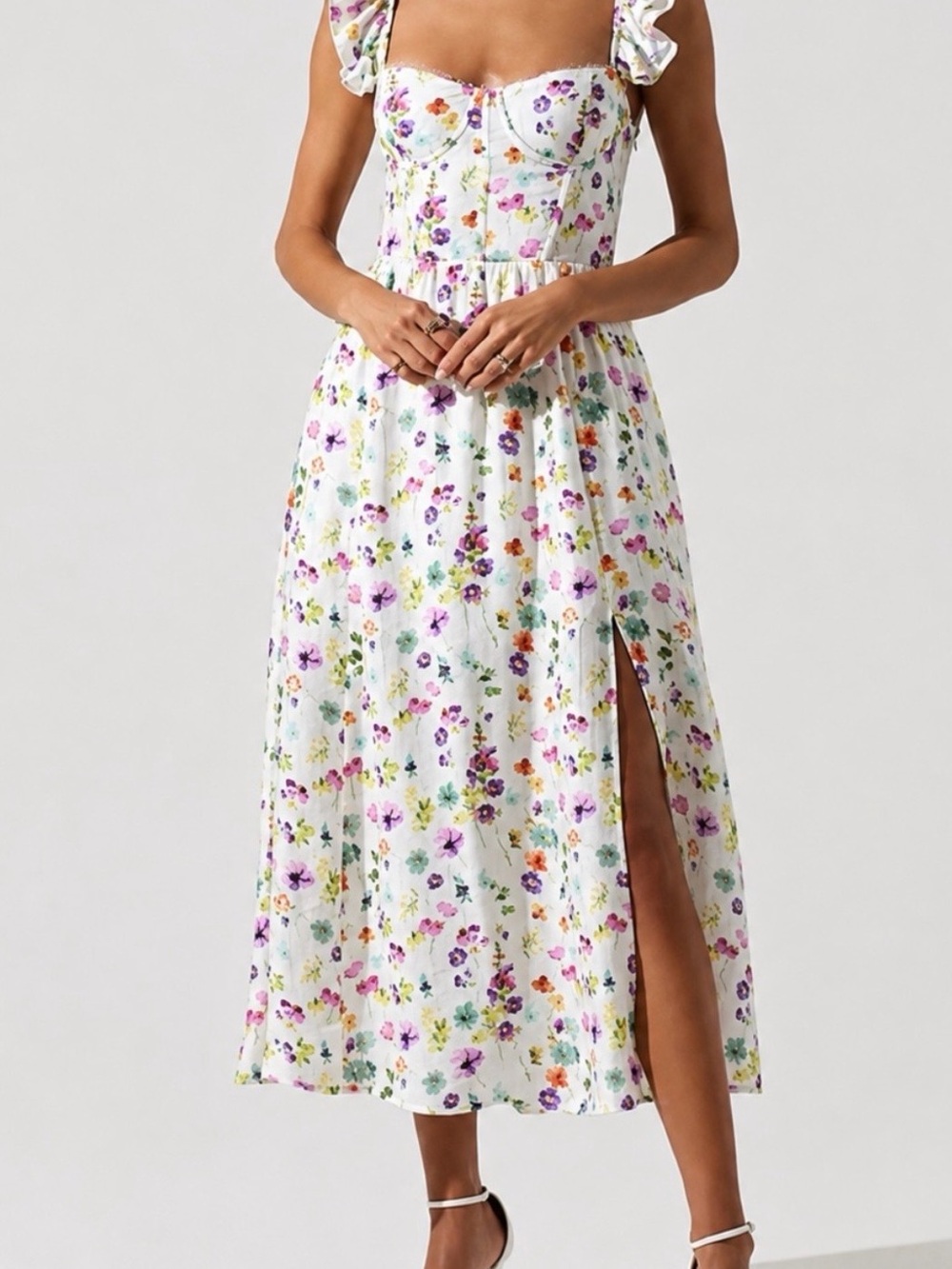 Astr White Floral Corset Midi Dress with Side Slit